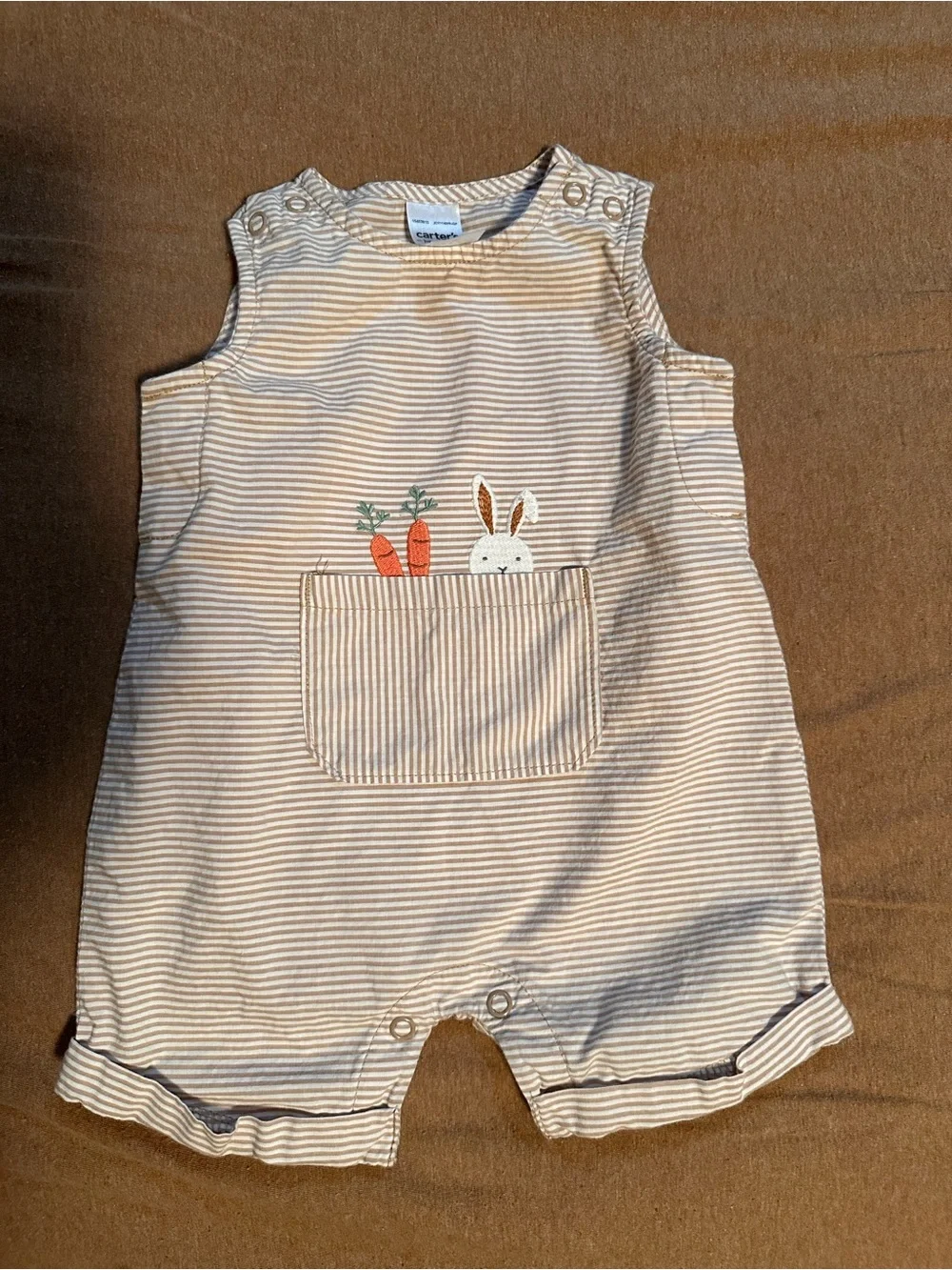 Carter's Tan & White Striped Bunny Pocket Romper with Carrot Appliqué